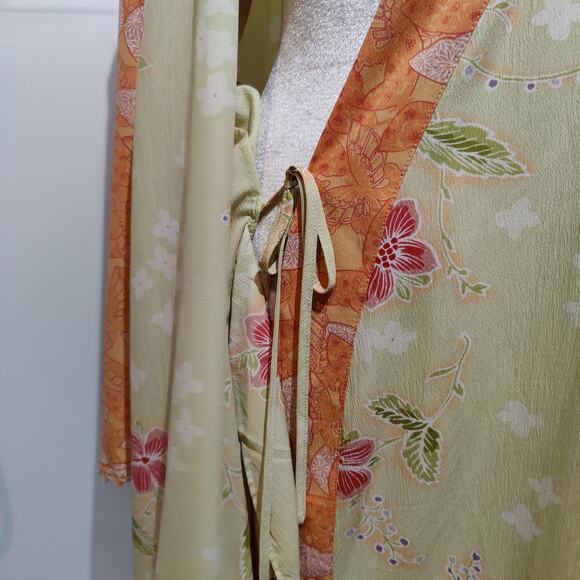 Cabernet Woman Plus Sz 1X Floral Kimono Robe Orange Green Butterfly Art To Wear - Picture 8 of 11